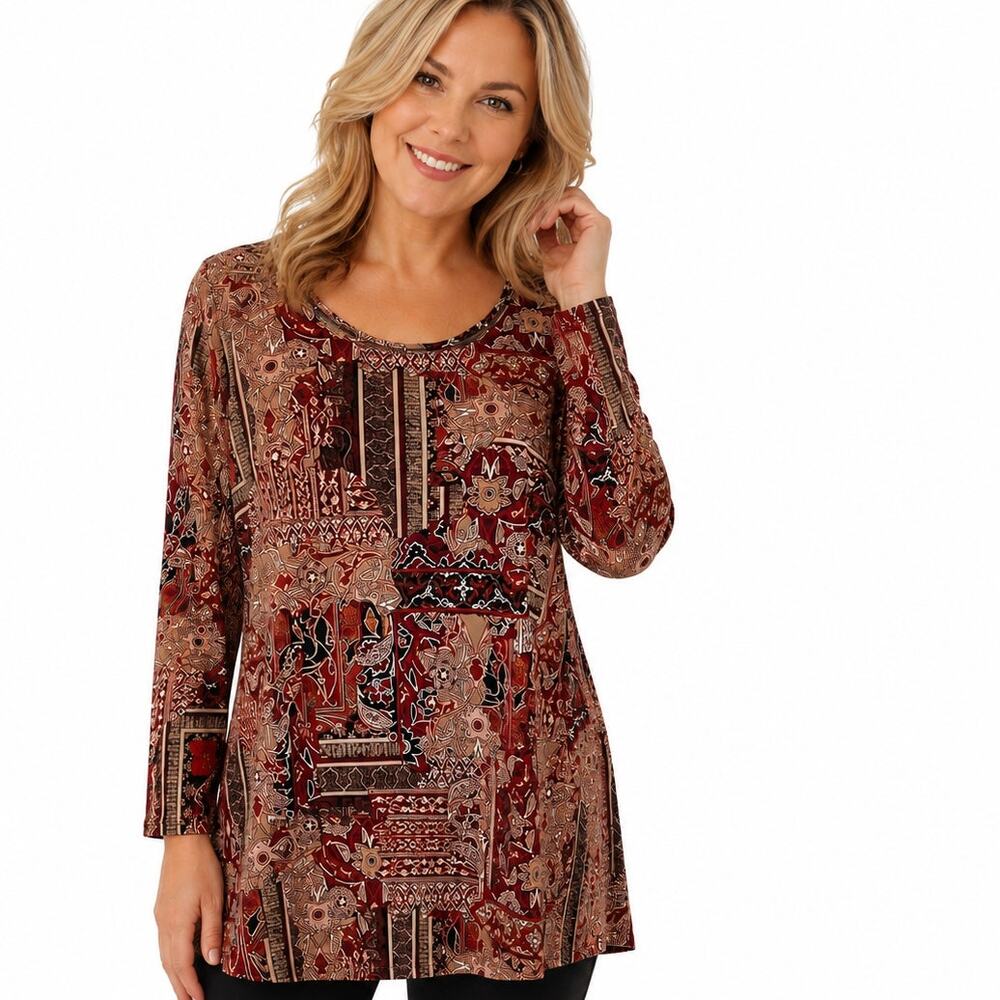 Chicos Hardware Detail Tunic Womens Large Burgundy Baroque Patchwork Flowy Top